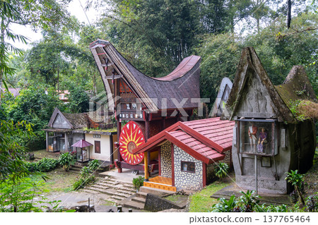 Tongkonan shaped tombs in a Toraja sanctuary, Sulawesi, Indonesia Tongkonan shaped tombs in a Toraja sanctuary, Sulawesi, Indonesia 137765464