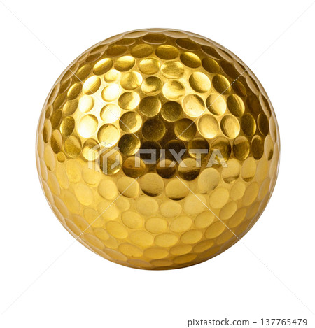 A macro shot showing the details of a large, round, golden golf ball against a white background. 137765479