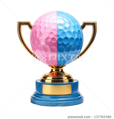 A three-dimensional gold trophy and golf balls on a white background. 137765480