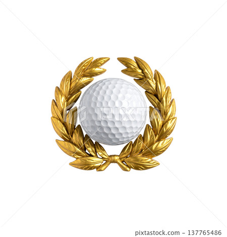 A golden laurel wreath adorning golf balls on a white background. A golden laurel wreath adorning golf balls on a white background. 137765486