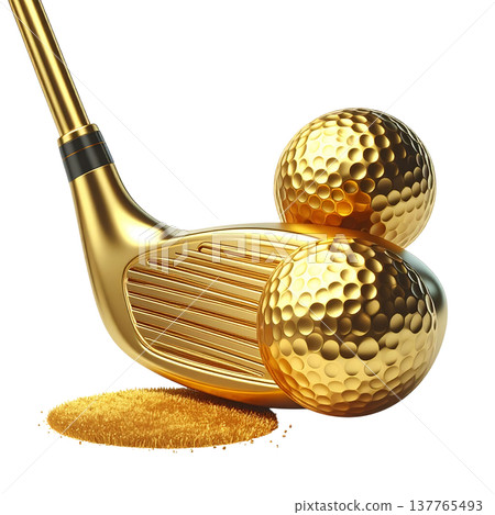 Gold golf balls and gold golf clubs on a white background. 137765493