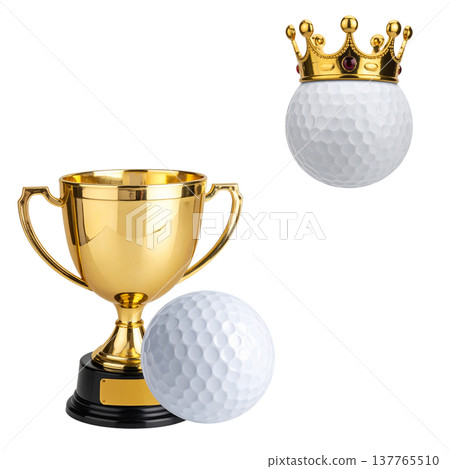 A three-dimensional gold trophy and golf balls on a white background. 137765510