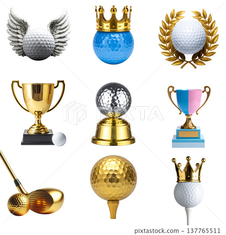 A three-dimensional gold trophy and golf balls on a white background. 137765511