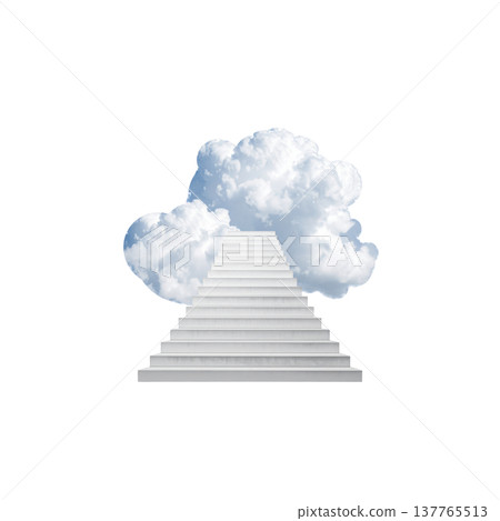 A three-dimensional illustration of a staircase leading up to the sky against a white background. A three-dimensional illustration of a staircase leading up to the sky against a white background. 137765513