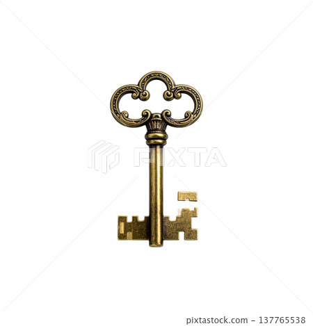 A gold metal house key on a white background. A gold metal house key on a white background. 137765538
