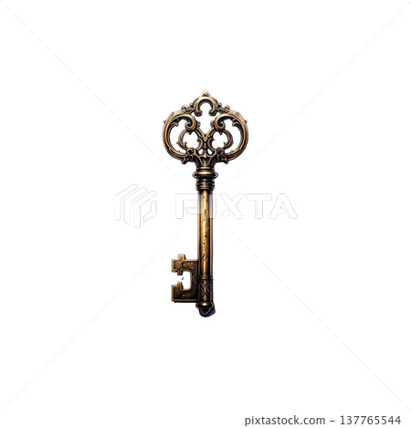 A gold metal house key on a white background. A gold metal house key on a white background. 137765544