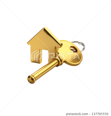 A gold metal house key on a white background. A gold metal house key on a white background. 137765550