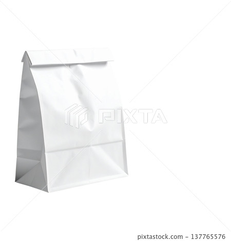 Empty white paper bags for individual retail packaging are displayed against a white background. Empty white paper bags for individual retail packaging are displayed against a white background. 137765576