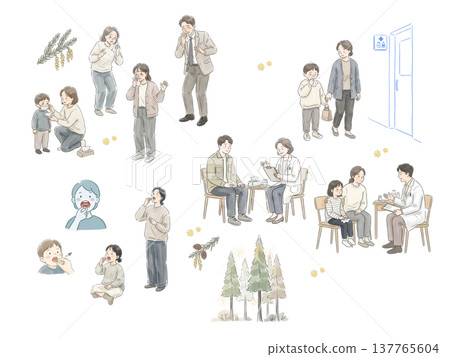 一組關於花粉症和舌下免疫療法的手繪風格插圖。 137765604