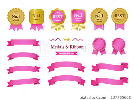 Gold and pink award medal and ribbon decoration set (No. 1 Best Ranking) Gold and pink award medal and ribbon decoration set (No. 1 Best Ranking) 137765608