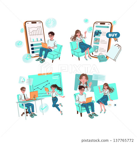 Vector illustration of two individuals engaging with digital devices portraying business growth and online shopping. Displays teamwork, modern technology, and digital communication. Vector illustration of two individuals engaging with digital devices portraying business growth and online shopping. Displays teamwork, modern technology, and digital communication. 137765772