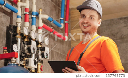 Professional Plumber Or HVAC Technician Smiling At Camera While Holding Digital Tablet Near Residential Heating Equipment In Boiler Room Promoting Maintenance Service 137765773