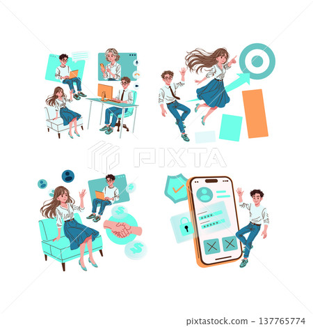 Vector illustration depicting a group of animated people engaging in business collaboration and technology activities. Scenes include communication through devices and security app setup. Vector illustration depicting a group of animated people engaging in business collaboration and technology activities. Scenes include communication through devices and security app setup. 137765774