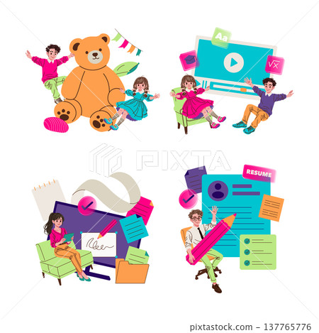 Vector illustration showing children interacting joyfully with a giant teddy bear and digital devices. They demonstrate excitement in a tech-learning environment through fun activities. 137765776