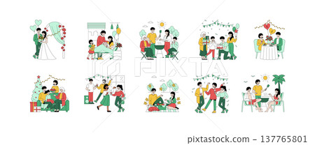 Vector illustration set showcasing various family celebrations and moments. Scenes include a wedding, birthday party, picnic, and holiday gatherings, highlighting joyful interactions. Vector illustration set showcasing various family celebrations and moments. Scenes include a wedding, birthday party, picnic, and holiday gatherings, highlighting joyful interactions. 137765801