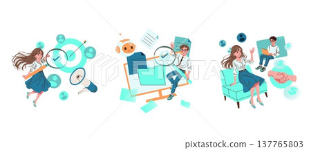 Vector illustration depicting business strategy and communication. Characters are shown analyzing targets, managing files with AI assistance, and engaging in business communication. 137765803