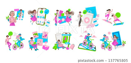 Vector illustration depicting a series of lively modern lifestyle activities, including online shopping, fitness, and digital communication. Bright colors convey energy and dynamism. 137765805