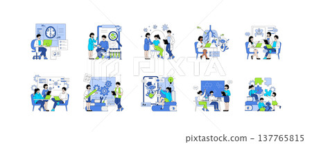 Set of vector illustrations depicting medical and educational research activities. Scenes include diverse individuals involved in laboratory work, discussion, and data analysis, emphasizing teamwork Set of vector illustrations depicting medical and educational research activities. Scenes include diverse individuals involved in laboratory work, discussion, and data analysis, emphasizing teamwork 137765815