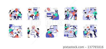 Vector illustration depicting a group collaborating on projects and launching ideas. Scenes include brainstorming, teamwork, software development, and project presentations, highlighting innovation Vector illustration depicting a group collaborating on projects and launching ideas. Scenes include brainstorming, teamwork, software development, and project presentations, highlighting innovation 137765816