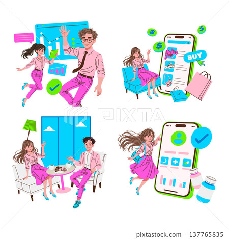 Colorful vector illustration featuring people engaging in online shopping on mobile devices and discussing over coffee at a cafe. The vibrant scene captures digital interaction and social moments. Colorful vector illustration featuring people engaging in online shopping on mobile devices and discussing over coffee at a cafe. The vibrant scene captures digital interaction and social moments. 137765835