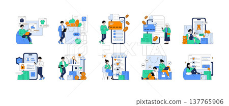 Vector illustration depicting people engaged in various online shopping activities. Scenes include browsing, purchasing, secure transactions, and analyzing trends, highlighting diverse shopping Vector illustration depicting people engaged in various online shopping activities. Scenes include browsing, purchasing, secure transactions, and analyzing trends, highlighting diverse shopping 137765906
