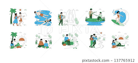 Vector illustration depicting various outdoor adventures, including beach walks, swimming, hiking, fishing, surfing, and scenic sunset views. Perfect for travel and leisure design projects. Vector illustration depicting various outdoor adventures, including beach walks, swimming, hiking, fishing, surfing, and scenic sunset views. Perfect for travel and leisure design projects. 137765912