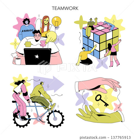 Vibrant vector illustration depicting teamwork in different scenarios including problem solving, collaboration, and creative solutions involving puzzles, cycling, and key exchanges. Vibrant vector illustration depicting teamwork in different scenarios including problem solving, collaboration, and creative solutions involving puzzles, cycling, and key exchanges. 137765913