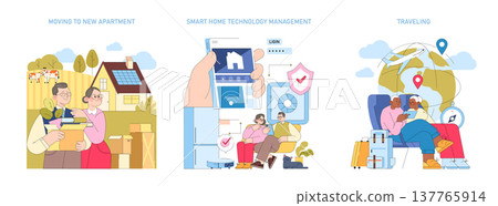 Vector illustration of seniors moving into a new home with solar panels, managing smart home technology and enjoying travel plans. Highlights daily life transitions and modern conveniences. Vector illustration of seniors moving into a new home with solar panels, managing smart home technology and enjoying travel plans. Highlights daily life transitions and modern conveniences. 137765914