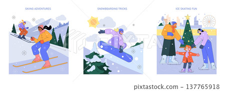Winter sports illustration featuring skiing, snowboarding, and ice skating. Vibrant imagery captures people skiing down a snowy hill, snowboarding tricks, and a family enjoying a skating rink. 137765918