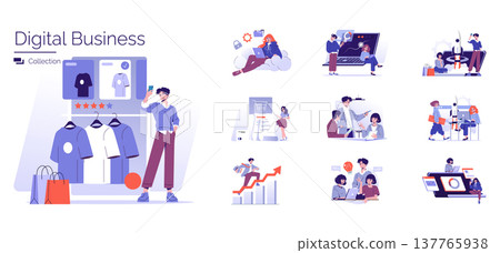 Vector illustration collection showcasing digital business themes. Includes online shopping, team collaboration, data analysis, and growth strategies, emphasizing remote work and e-commerce. Vector illustration collection showcasing digital business themes. Includes online shopping, team collaboration, data analysis, and growth strategies, emphasizing remote work and e-commerce. 137765938