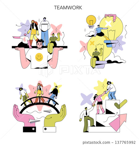 Vector illustration showcasing creative teamwork and collaboration. Groups of people actively participate in supporting, brainstorming, bridging, and climbing stairs together for success. Vector illustration showcasing creative teamwork and collaboration. Groups of people actively participate in supporting, brainstorming, bridging, and climbing stairs together for success. 137765992