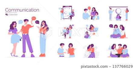 Vector illustration depicting diverse group interactions, showcasing different communication methods. Individuals are engaged in discussions, working together, and expressing emotions through dialogue 137766029