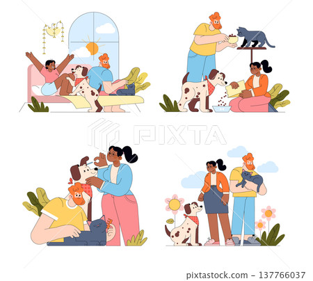 Vector illustration shows a family enjoying quality time with their pets. Scenes include playing, feeding, and walking with their dog and cat, highlighting joy and companionship. Vector illustration shows a family enjoying quality time with their pets. Scenes include playing, feeding, and walking with their dog and cat, highlighting joy and companionship. 137766037