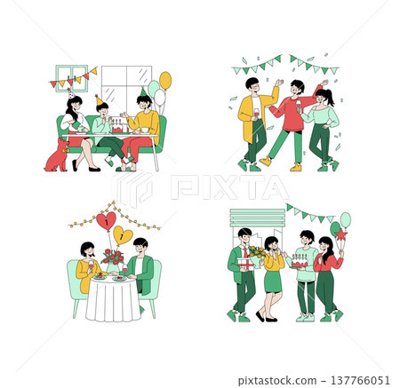 Vector illustrations depicting group celebrations and parties, including birthday gatherings, friendly get-togethers, and festive moments with balloons, cakes, and decorations. The images capture Vector illustrations depicting group celebrations and parties, including birthday gatherings, friendly get-togethers, and festive moments with balloons, cakes, and decorations. The images capture 137766051