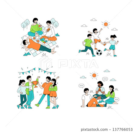 Vector illustration set showing group activities: family picnic, children playing soccer, friends celebrating with a trophy, and relaxed outdoor conversations. Emphasizes joy and companionship. 137766053