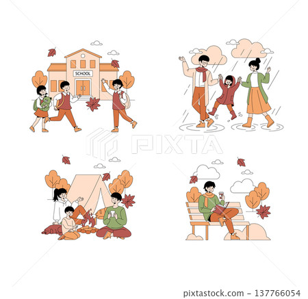 Vector illustration depicting joyful family activities in autumn, including children going to school, family jumping in rain puddles, camping, and reading on a park bench amid falling leaves. 137766054