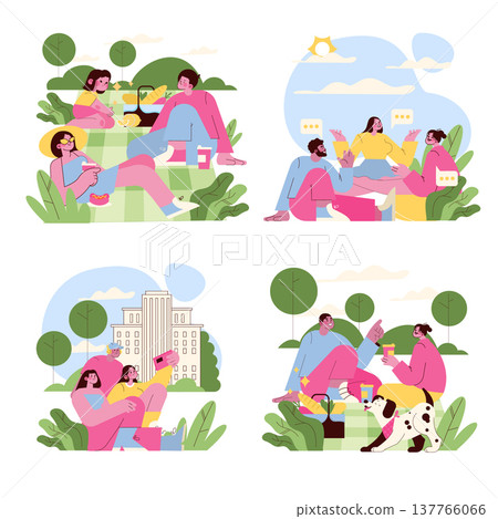 Vector illustration shows groups enjoying a sunny day at the park engaging in picnics, conversations, and taking selfies. Captures outdoor leisure activities and socializing moments. 137766066