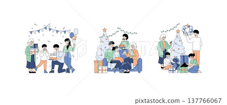 Vector illustration depicting family enjoying birthday and Christmas celebrations with cake, gifts, and decorations. Happy moments shared in a cozy and festive atmosphere. 137766067