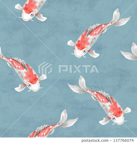 Seamless koi fish pattern with Japanese carp on blue watercolor background. Hand painted illustration isolated texture for textile, wallpaper, wrapping paper, packaging, fabric and decorative design 137766074
