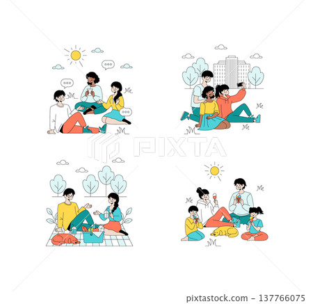 Vector illustration set depicting various picnic activities with friends enjoying outdoor moments. Scenes include friends relaxing, sharing snacks, taking selfies, and enjoying ice cream under the sun 137766075