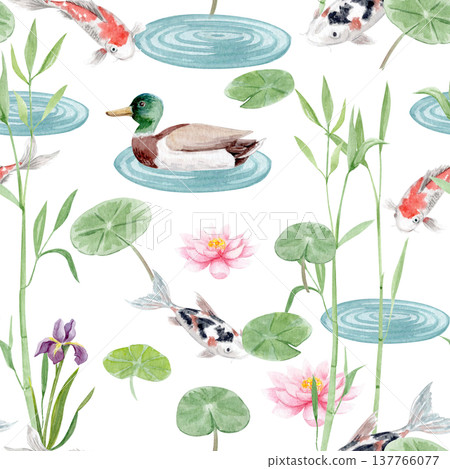 Seamless watercolor pattern with duck, koi fish, lotus flowers, lily pads, bamboo. Pond illustration with water ripples in Japanese garden style, repeating background for textile, wallpaper, packaging 137766077