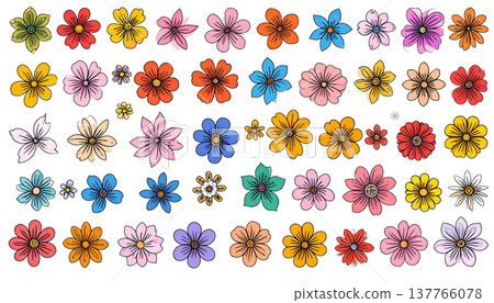 A vibrant decorative illustration featuring tulips and colorful spring garden flowers, with pink petals. 137766078