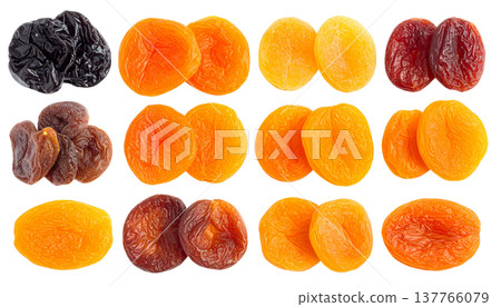 Healthy organic dried apricots and raisins are separated on a white background. 137766079