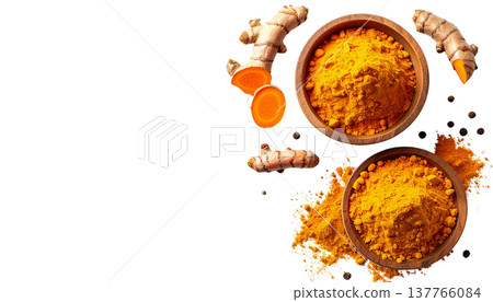 Turmeric yellow with herbs and spices on a white background. 137766084
