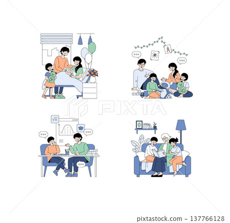 Family vector illustration set depicting various heartfelt moments including welcoming a newborn, family playtime, educational interaction, and quality time reading together. Each scenario highlights 137766128