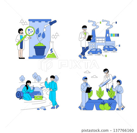 Vector illustration featuring scientists conducting experiments such as plant research, pollution analysis, soil testing, and agricultural innovation. Highlights scientific collaboration and discovery 137766160