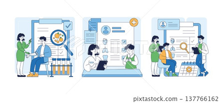Medical professionals conducting consultations and examinations through digital records and interactive tools. Vector illustration highlighting modern healthcare and patient interaction. 137766162