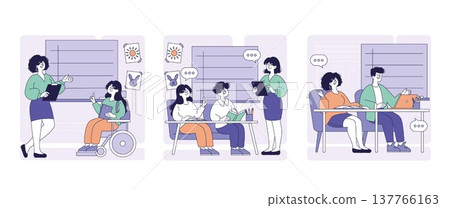 Vector illustration of a diverse group of people engaged in collaborative discussions. A woman presents ideas while others, including a person in a wheelchair, actively participate with books and 137766163