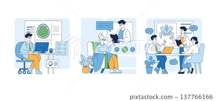 Vector illustration depicting a medical consultation. A doctor discusses brain analysis with patients using digital tools, enhancing patient-doctor communication and education. 137766166
