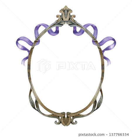 Hand drawn watercolor illustration of an elegant oval vintage frame decorated with purple silk ribbons. This ornate baroque style element is perfect for wedding invitations, classic portraits, and 137766334